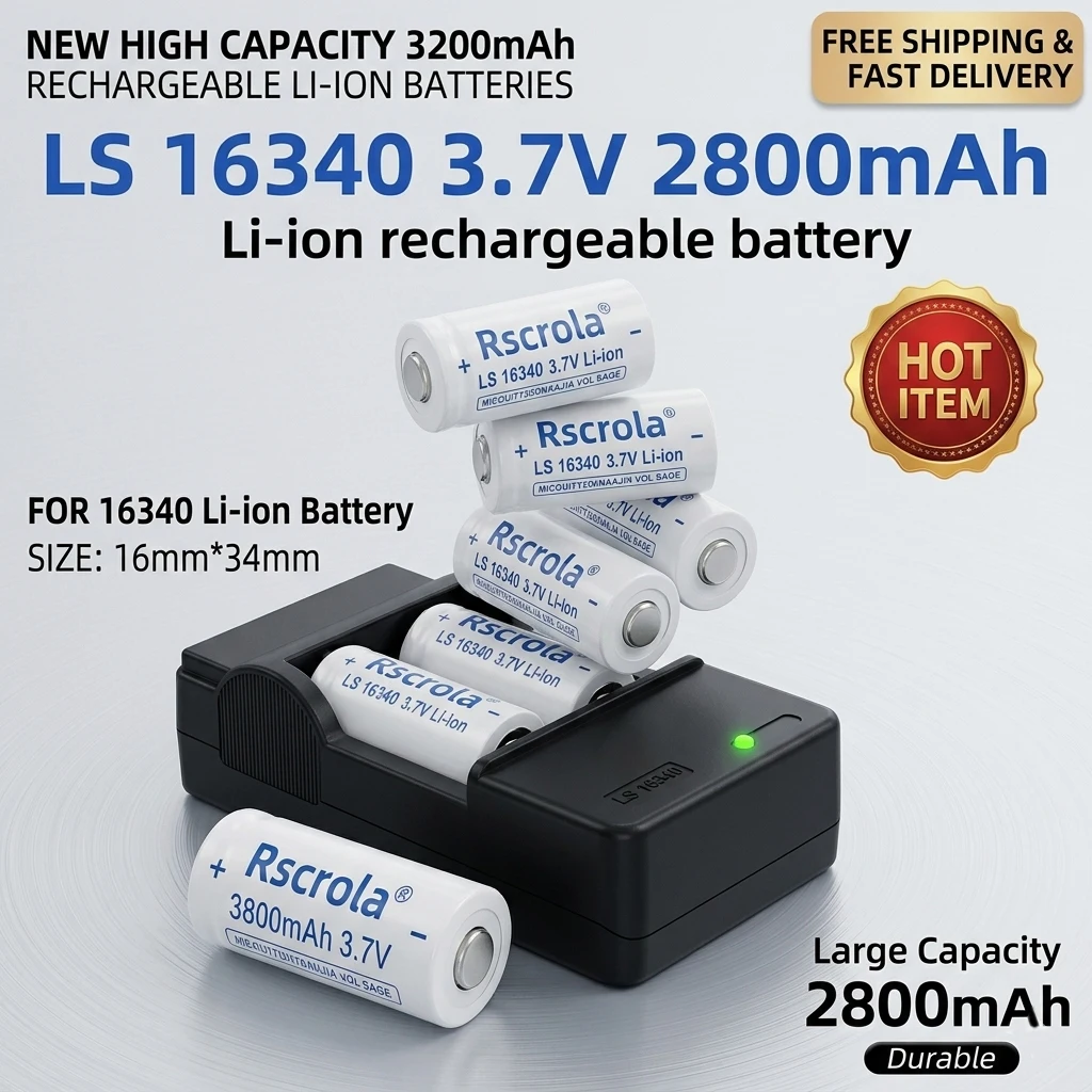 

16340 3.7V Rechargeable Battery 2800mAh for CR123A RCR123 Arlo Safety Camera Lithium Ion Batteries with L70 Smart Charger