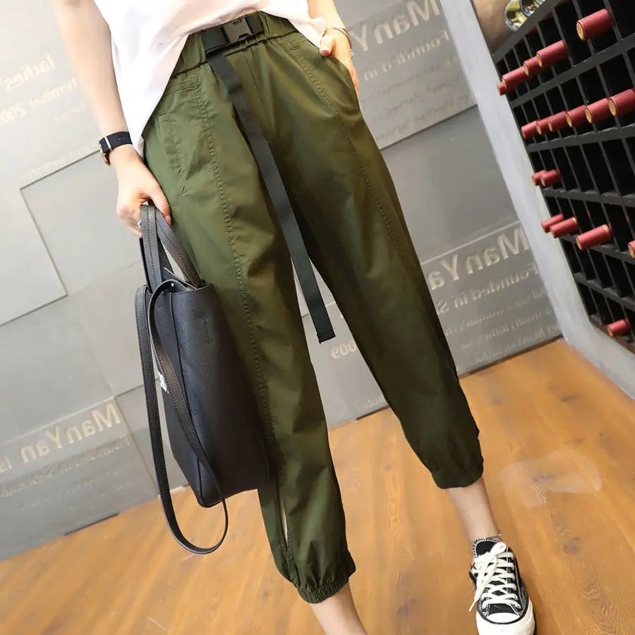 

Women Cargo Pants 2024 Harem Pants Fashion Solid Colors Pockets Trousers Ankle-length Elastics High Waist Streetwear Pant A01