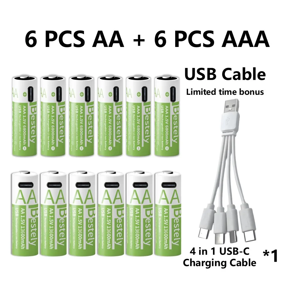 1,5 V AA/AAA Li-Ionen-Akkus 13600 + 6800 mAh Ultraschnellladung ab 2000 Zyklen mit kostenlosem USB-C-Kabel für Spielzeug, Fernbedienungen, Kameras