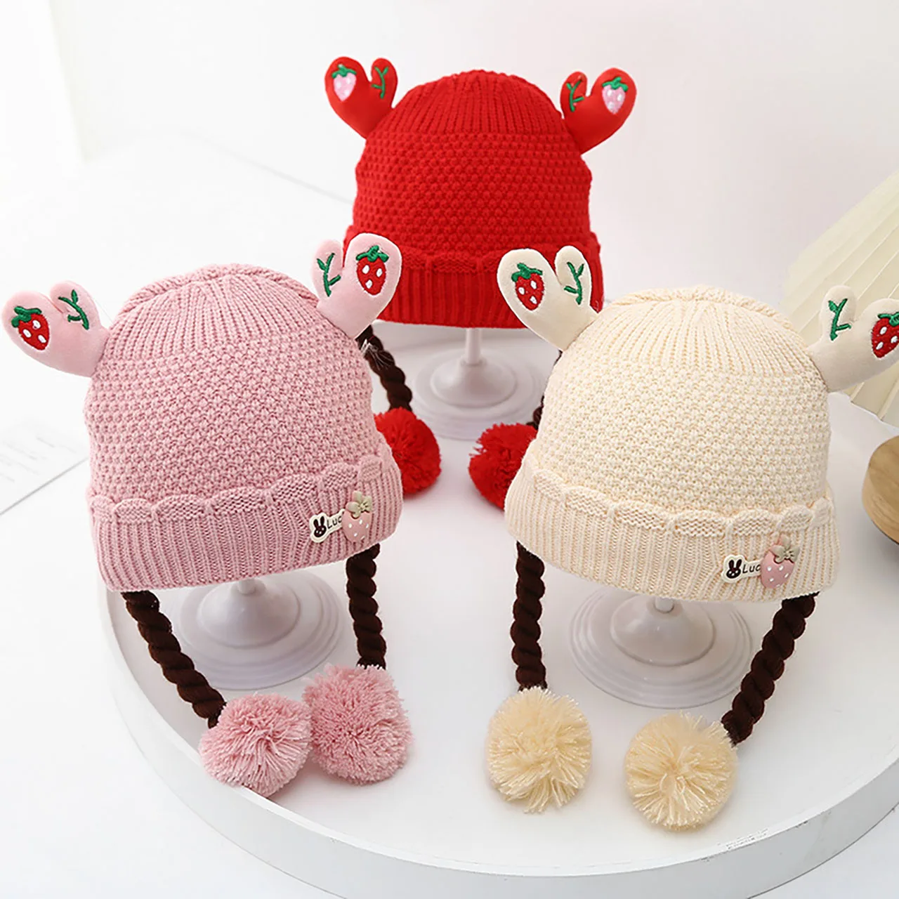 

Cute Braid Baby Knitted Hat Cute Cartoon Toddler Beanie Plush Ball Pendant Kids Pullover Cap 3-24Month Winter Warm Woolen Bonnet