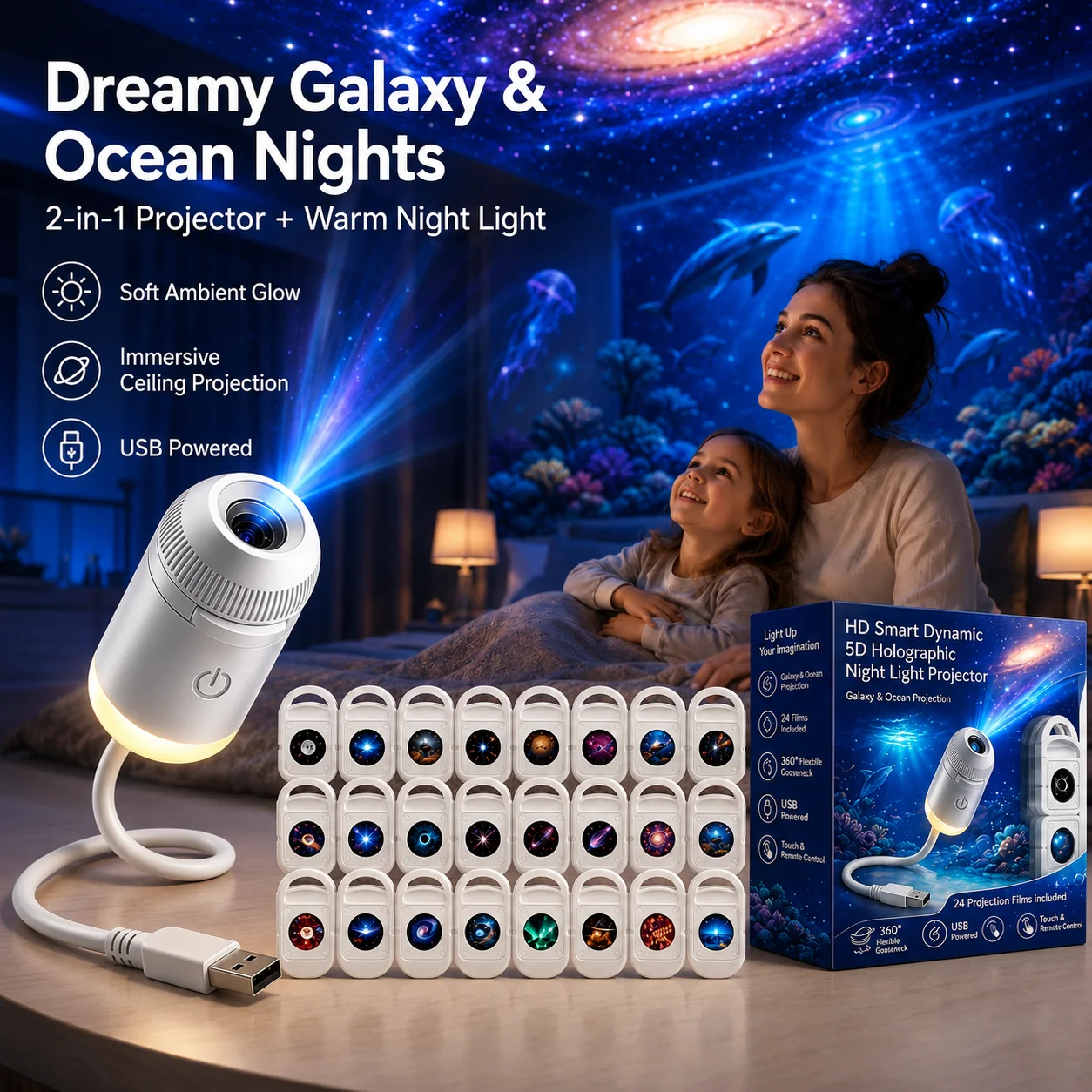 HD 5D Holographic Galaxy Star Ocean Projector Night Light 24 Films USB Powered 2-in-1 Bedroom Decor Lamp