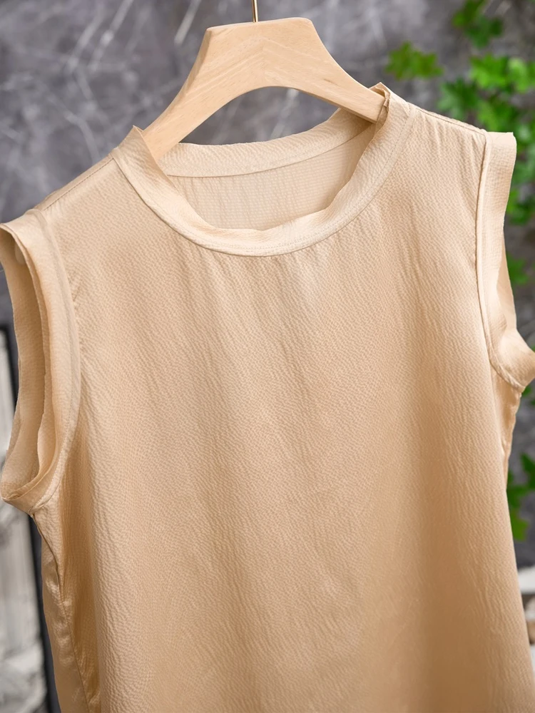 

Silk Satin Pearl Texture Vest Strap Women's Summer Outerwear Straight Cut Commute Style Leaf Sleeveless Pure Color