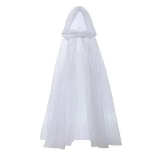 2pc Black and White Hooded Dark Themed Halloween Long Mesh Cape Witch Costume Dress-Up