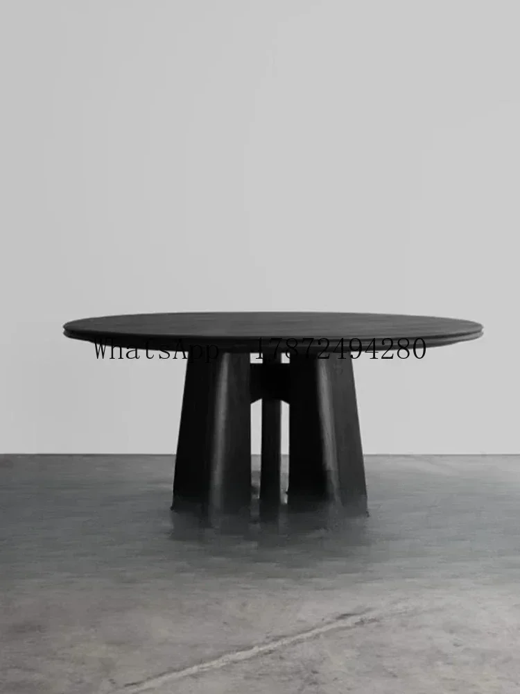 Household Round Solid Ash Wood Dining Table French Medieval Black Coffee Table