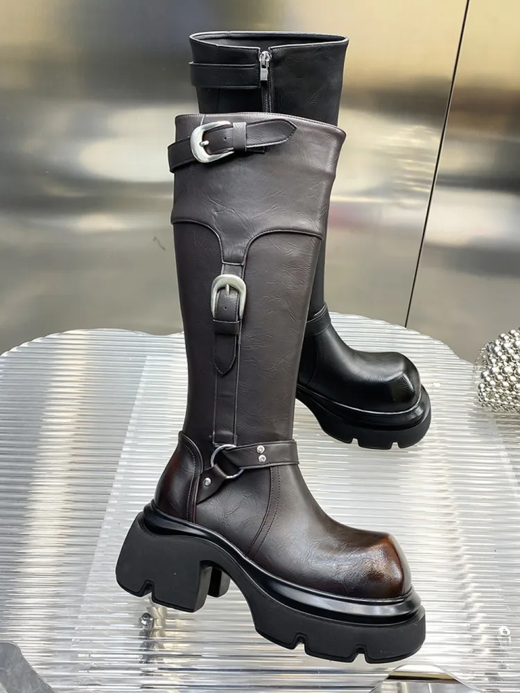 Punk Style Women Knee High Boots Buckle Cow Genuine Leather Motorcycle Riding Shoes Winter Fleece Lining Platform Knight Boots