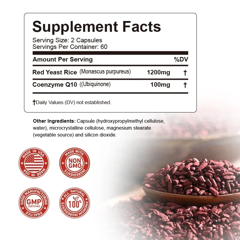 Red Yeast Rice + Co-Q10 - Energy, Joint Health, Heart Health & Cholesterol Supplement, Vegetarian Capsules