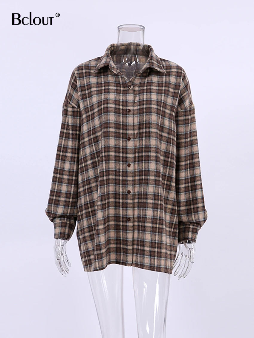 Bclout Fashion Brown Plaid Blouses Women 2024 Streetwear Long Sleeve Loose Shirts Casual Turn Down Collar Office Lady Plaid Tops