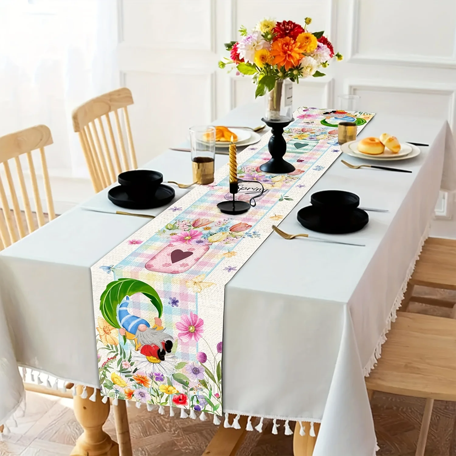 1 Piece of Spring Table Runner, Long Floral Plaid Fabric Table Runner, Suitable for Dinner Parties, Holiday Parties, Family Gatherings, Themed Cafes, Home Decoration