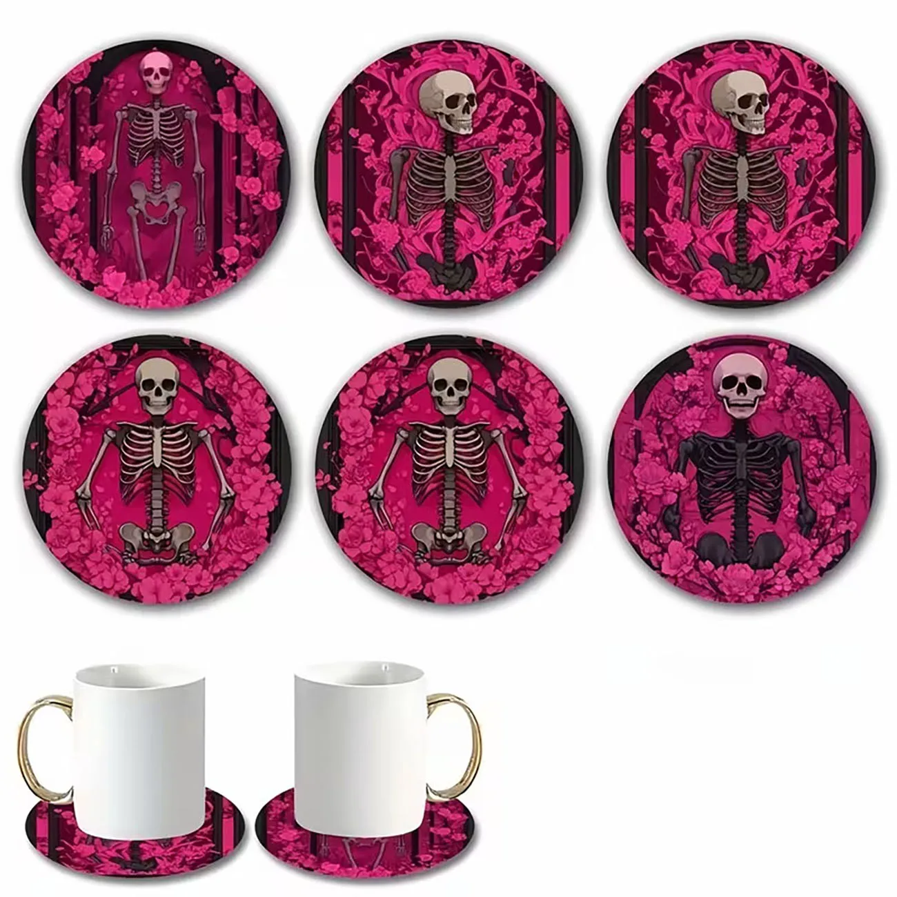 6Pcs Wooden Coasters Pink Floral Skeleton Pattern Round Drink Coasters Gothic Table Decor Gift