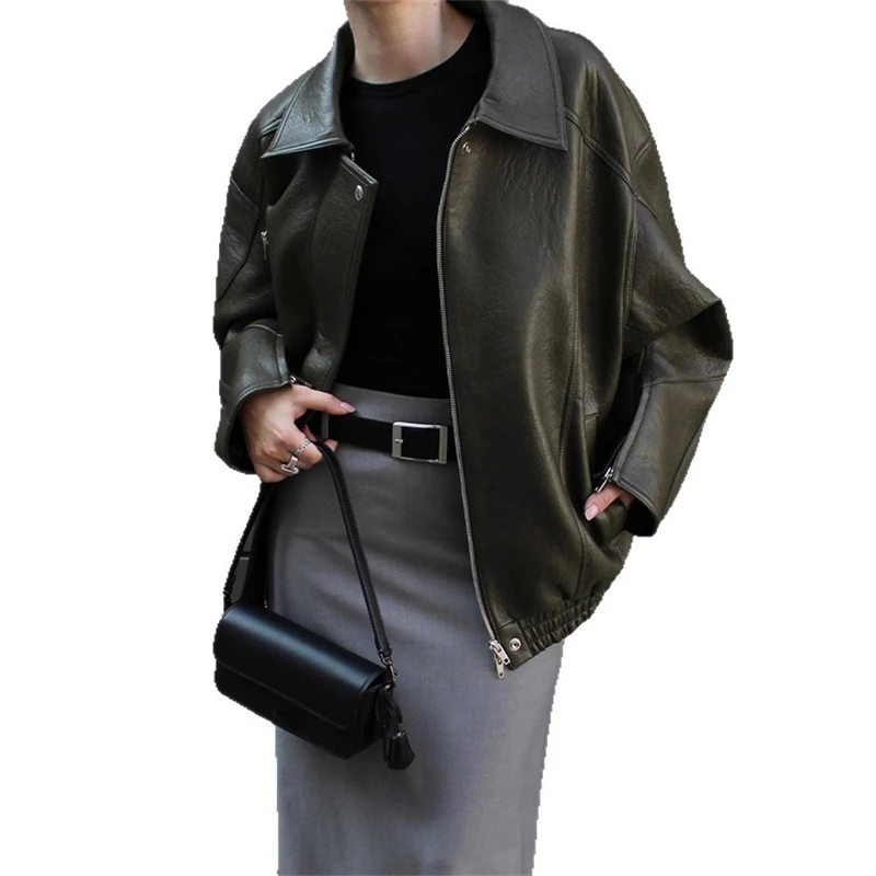 Mode Groene Leren Jas Vrouwen Stand Kraag Lange Mouw Rits Loose Fit Outerwears Nieuwe Herfst Chic Straat Pendelen Dame Tops
