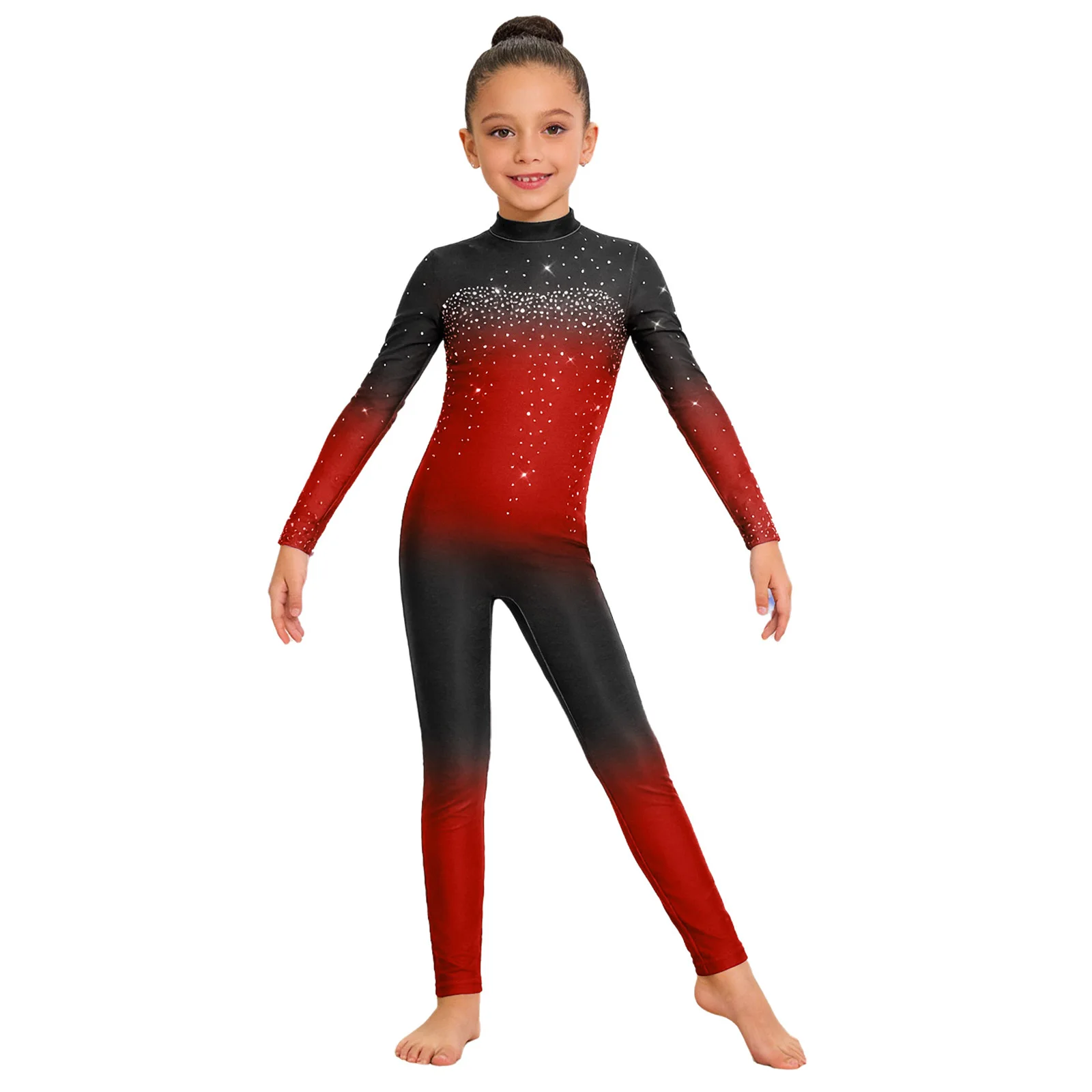 

Kids Girls Performance Dance Jumpsuit Long Sleeve Rhinestone Mesh Patchwork Keyhole Back Bodysuit Lyrical Ice Skating Clothing