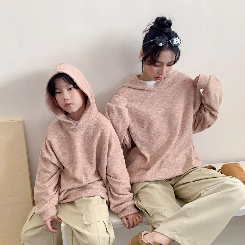 Family Matching Outfits Korean Style Hooded Sweatshirt Autumn Mom Dad Son Daughter Parent Child Pink Loose Cozy Pullover Tops