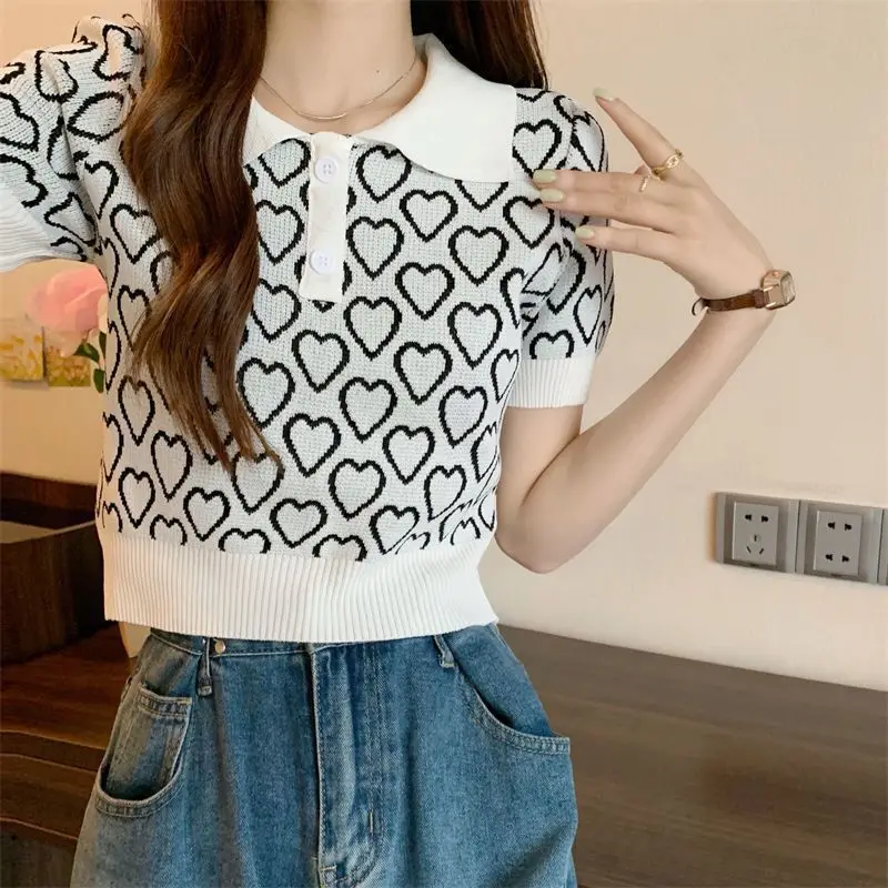 المرأة أزياء هندسية الجاكار خمر محبوك قمصان بولو الصيف ضئيلة أنيقة قصيرة الأكمام رقيقة تخفيف قمم #2