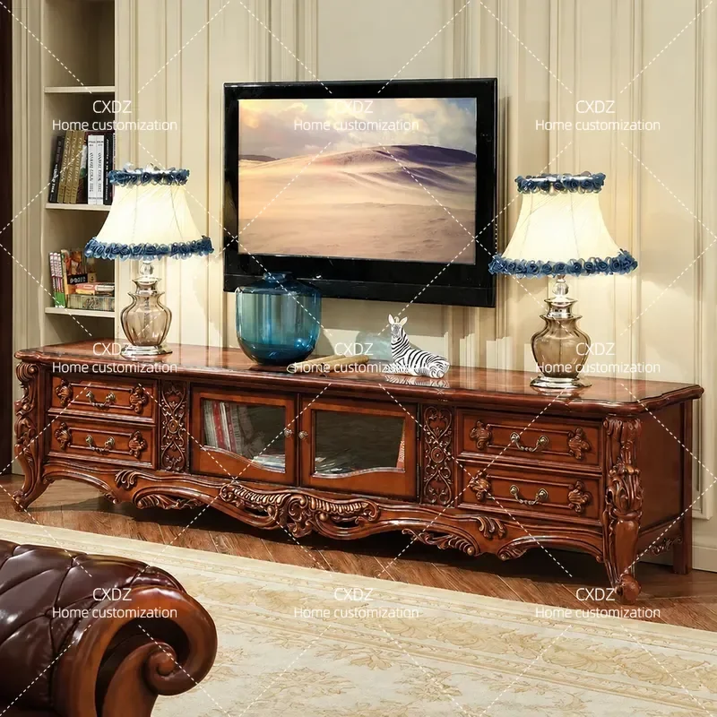 Natural Solid Wood TV Cabinet Oak Living Room Storage Unit French Carved Coffee Table Combo Furniture Home Decor