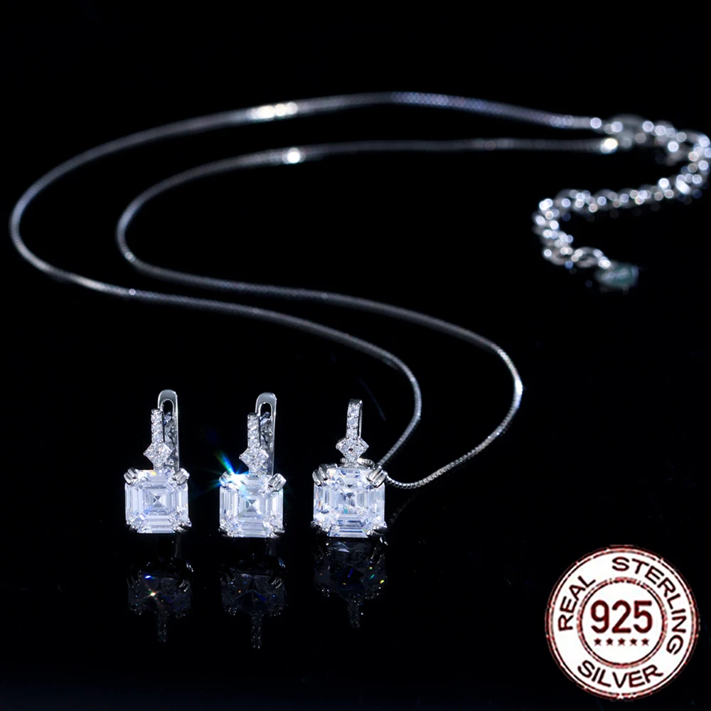 

QooLady 925 Sterling Silver Shiny Cubic Zirconia Square Hoop Earrings Necklace for Women Fine Christmas Party Jewelry Sets ST018