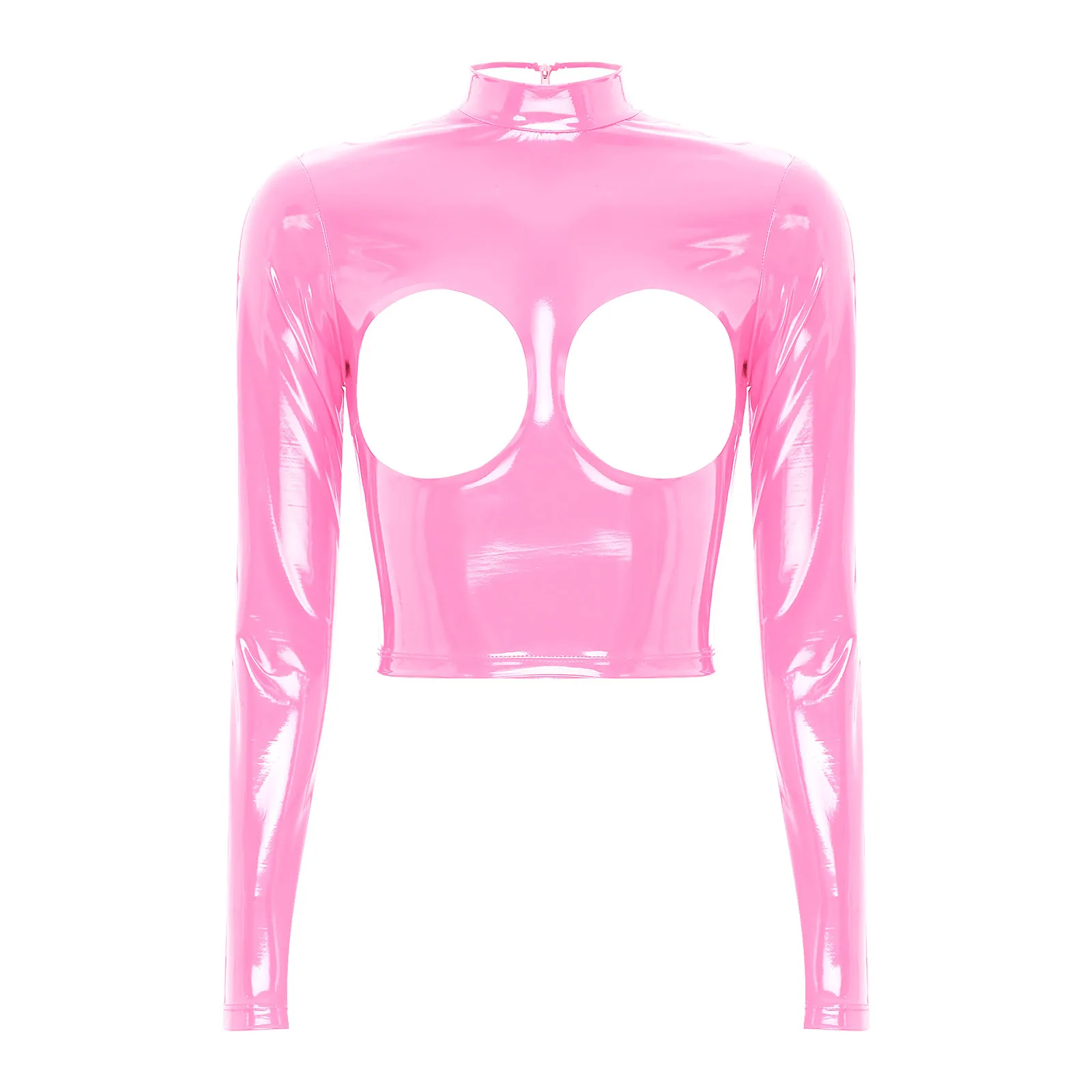 Womens Patent Leather Open Cups Crop Top Wetlook  Long Sleeve Hollowed Out Bare Breast Back Zipper Sexy Shirt Tops for Nightclub