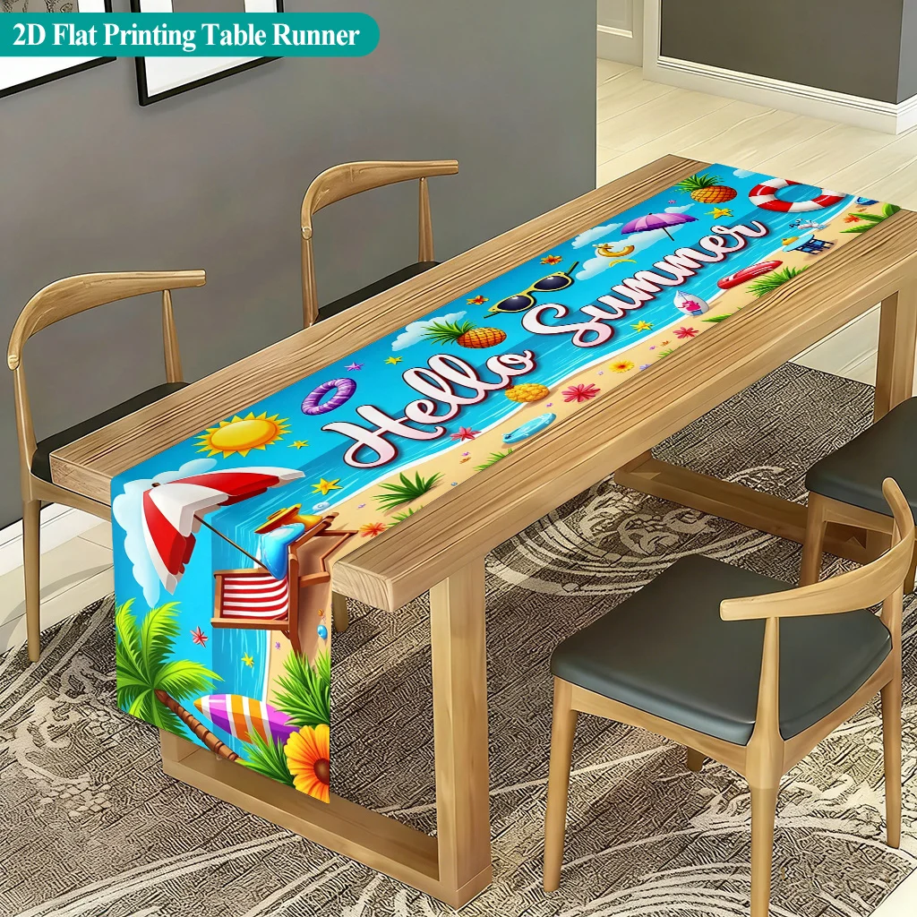1PC 2D Flat Printing Hello Summer Vibes Table Runner, Polyester Rectangular Table Cover for Indoor Outdoor Dining, Family Gather