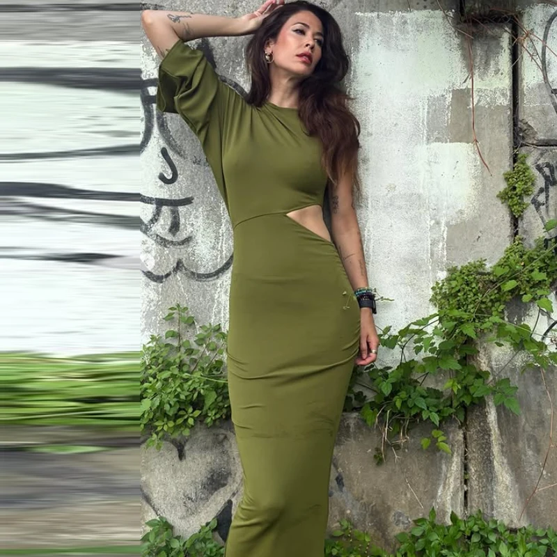 HXAO Abito lungo femminile Abiti da festa ritagliati Estate Una spalla Abiti eleganti da donna Abito longuette verde aderente increspato Vestido