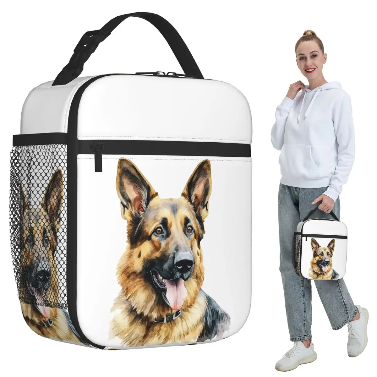 Watercolor German Shepherd Insulated Lunch Bag for Kids School Cooler Thermal Food Box Tote Portable Lunch Boxes Container