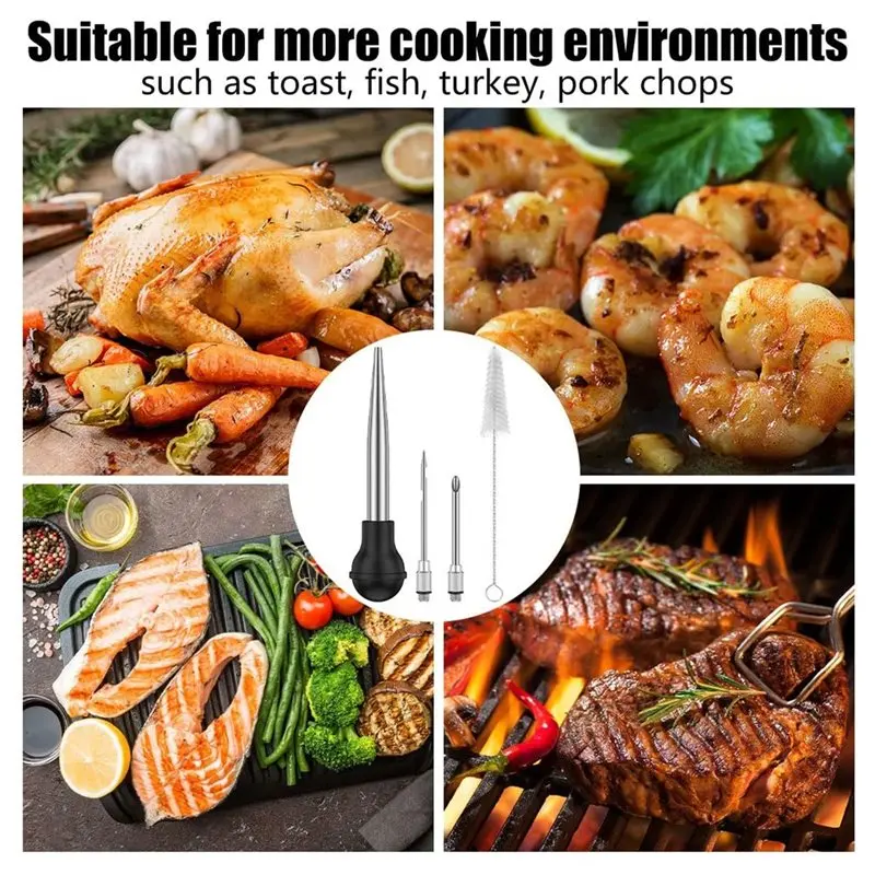 AB11-Turkey Baster Set Of 8 Stainless Steel Turkey Baster Syringe Meat Marinade Injector Needle With 4 Needles Silicone Bulb