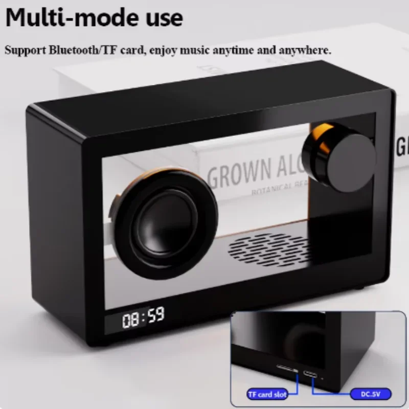Mini Speaker Transparente Visível Bluetooth com Relógio, Cartão Portátil, Leitor de Música Sem Fio, Desktop LED Lâmpada Atmosfera, Ornamentos
