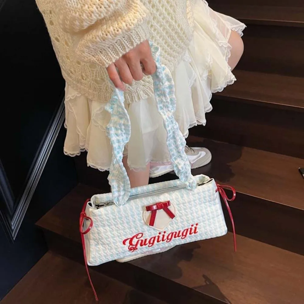 

Сумка на плечо с завязками, французская сумка с бантом и лентой, клетчатая сумка на плечо контрастного цвета, большая вместительная плиссированная сумка