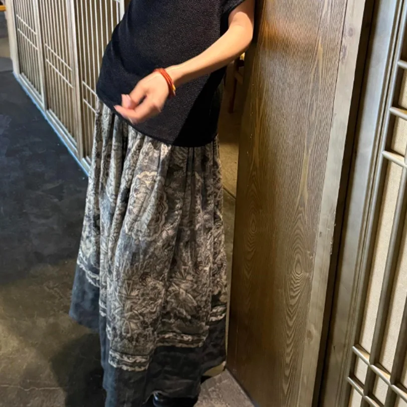 

Retro Ele Summer 2025 High Waist A-Line Skirt Tie Dye Print Linen f-length Holiday Sle Women's Faion Midi Skirt