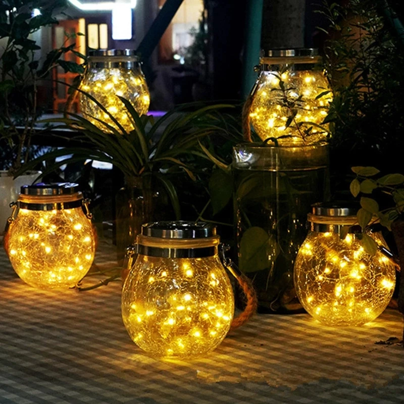 

Crackle Glass Globe LED Jar Lights Garden Decor Outdoor Waterproof for Patio Yard Fence Post Deck Hanging Solar Lights
