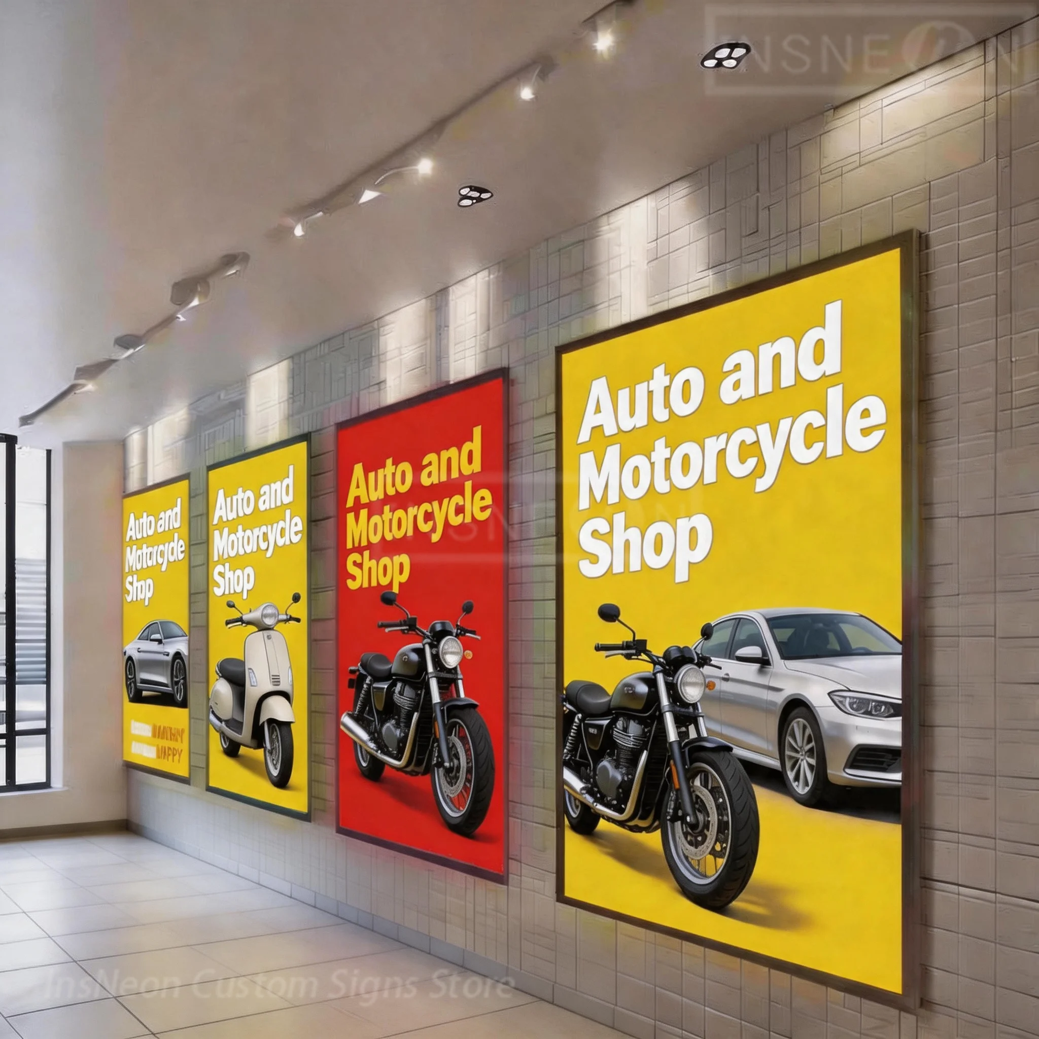 アクリル製のカスタムライトロゴ、led文字を使用した壁面看板。自動車・バイクショップ向けのネオンボックスメニュー表示板、スリムタイプの看板。
