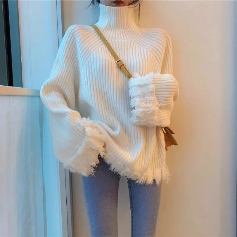 

Korean Style Loose Thick Turtleneck Pullover Fashion Stitching Tassel Knitted Sweater Spring and Autumn Warmth Sweet Tops 28592