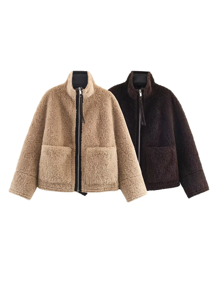 Kurtka damska HH, moda uliczna, jesienno-zimowa, ciepła, elegancka, z wysokim kołnierzem, zapinana na zamek, z kieszeniami, długie rękawy, luźna, codzienna, krótka kurtka.