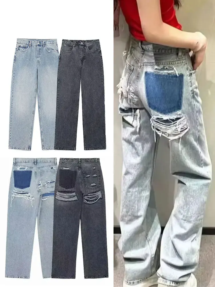 Jean pour femmes 2024 Denim solide ample fermeture éclair mouche femme trou pantalon poches sauvage basique trajet femme jambe large pantalon Long