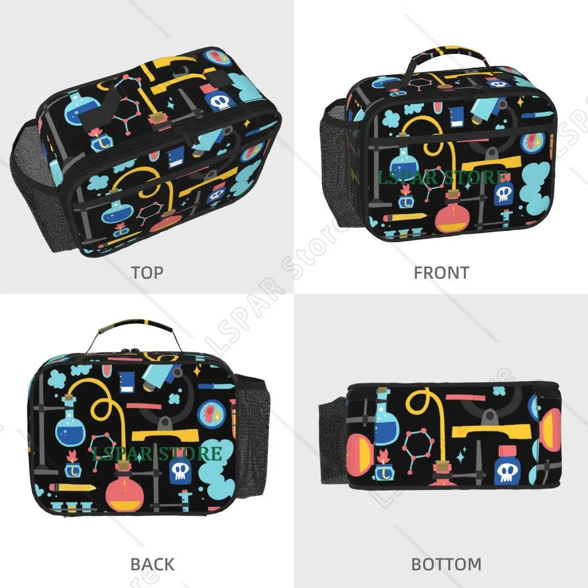 Chemistry Lab Science Equipment Pattern Insulated Lunch Bag for Women Children Leakproof Food Boxes Thermal Lunch Box Tote