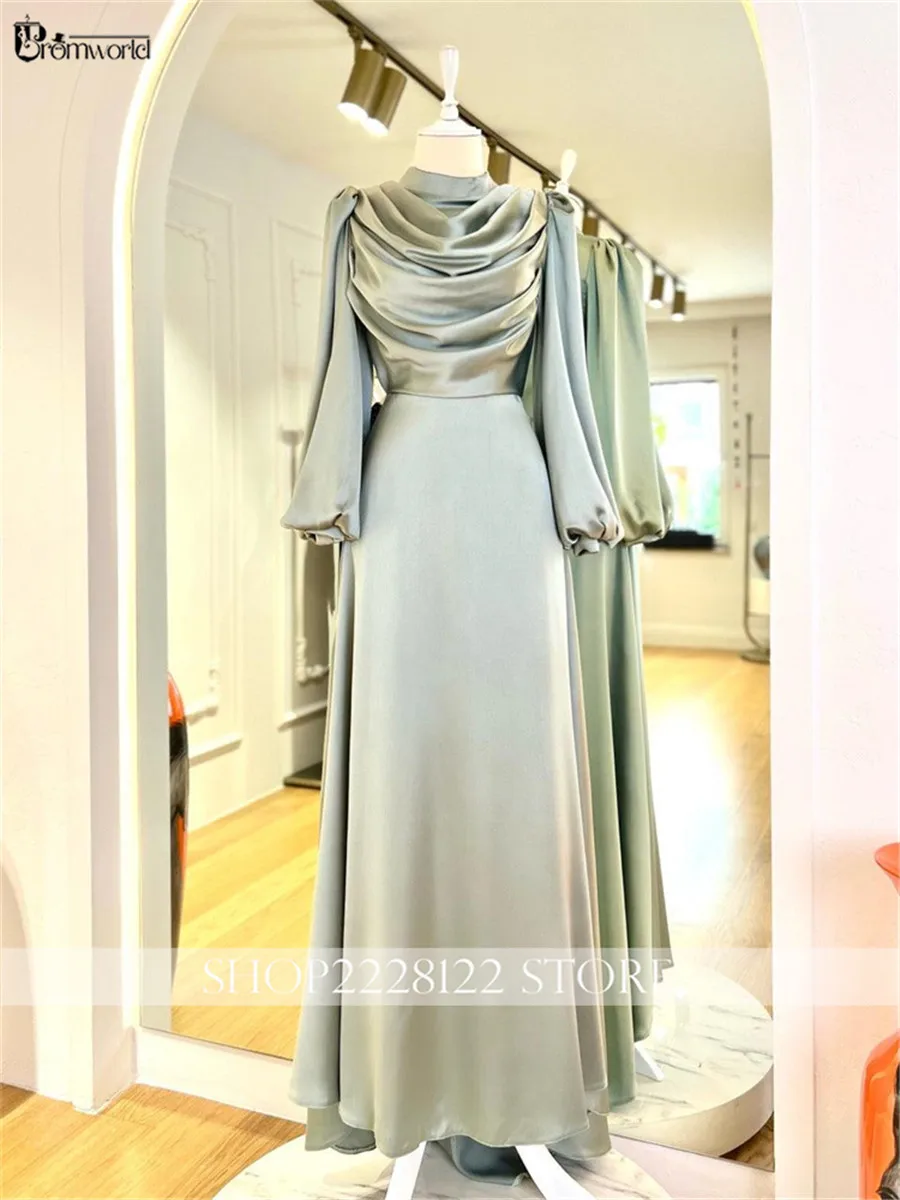 ثوب مسائي أنيق وبسيط منتفخ بأكمام طويلة مناسبة رسمية فساتين من الساتان طيات فيستدوس دي نوش أنيقة Para Mujer 2025