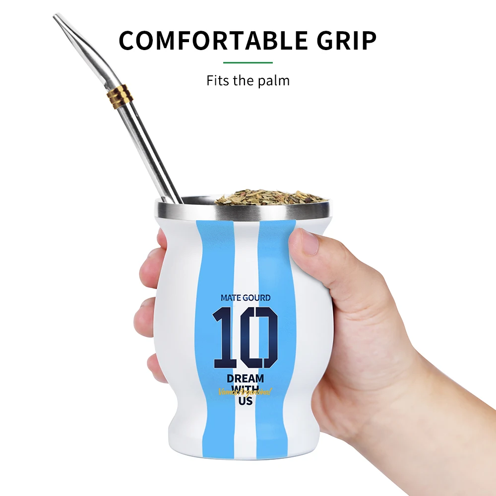 Yerba Mate Cup with Straw, Tea Gourd Coffee Mug, Cleaning Brush, Argentina Football Captain No.10 Style