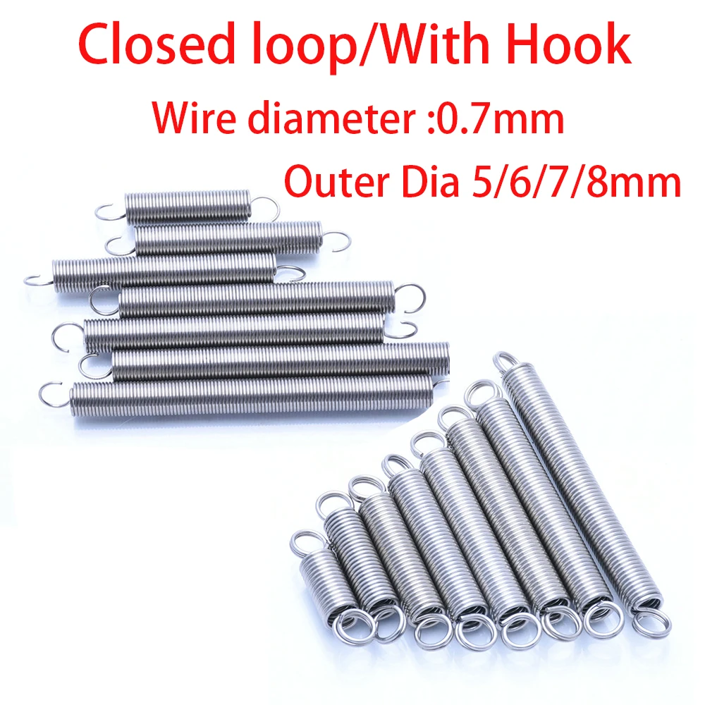 Wire Dia 0.7mm Tension Spring Closed loop/With Hook Outer Dia 5/6/7/8mm 304 Stainless Steel Extension Springs Length 20-200mm