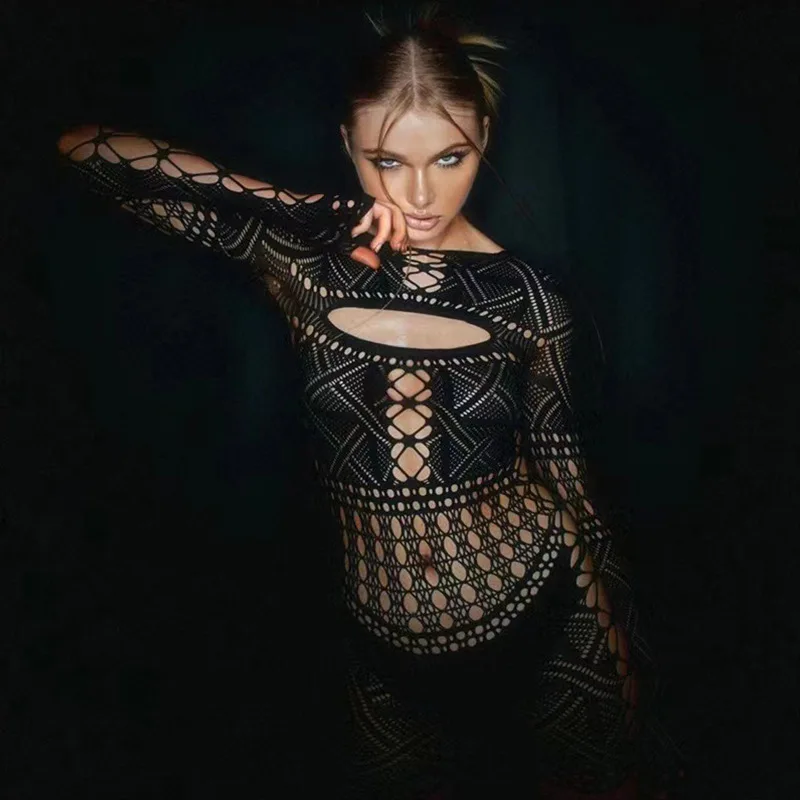 New Fun Hollow Out Perspective Mesh Clothes Sexy High Elastic Jumpsuit Body Suit  Lingerie  Fishnet Bodysuit  Sexy Lingerie