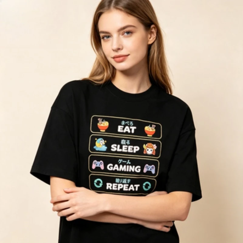 Anime Gamer Women Cotton Tshirt Eat Sleep Gaming Repeat Japanese Text Cartoon Graphic Casual Hobby Crew Neck Short Sleeve Tees