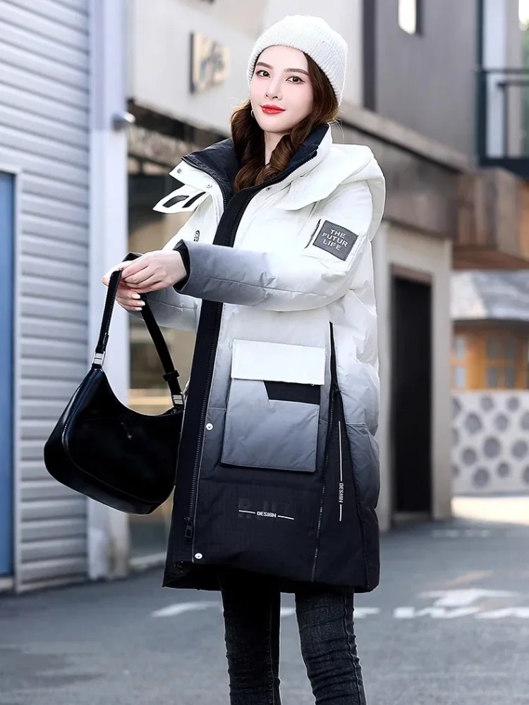 White Duck Down Hooded Jacket for Women, Gradient Color Design, Thick, Hooded, Medium Length, Fashion, Winter Clothes