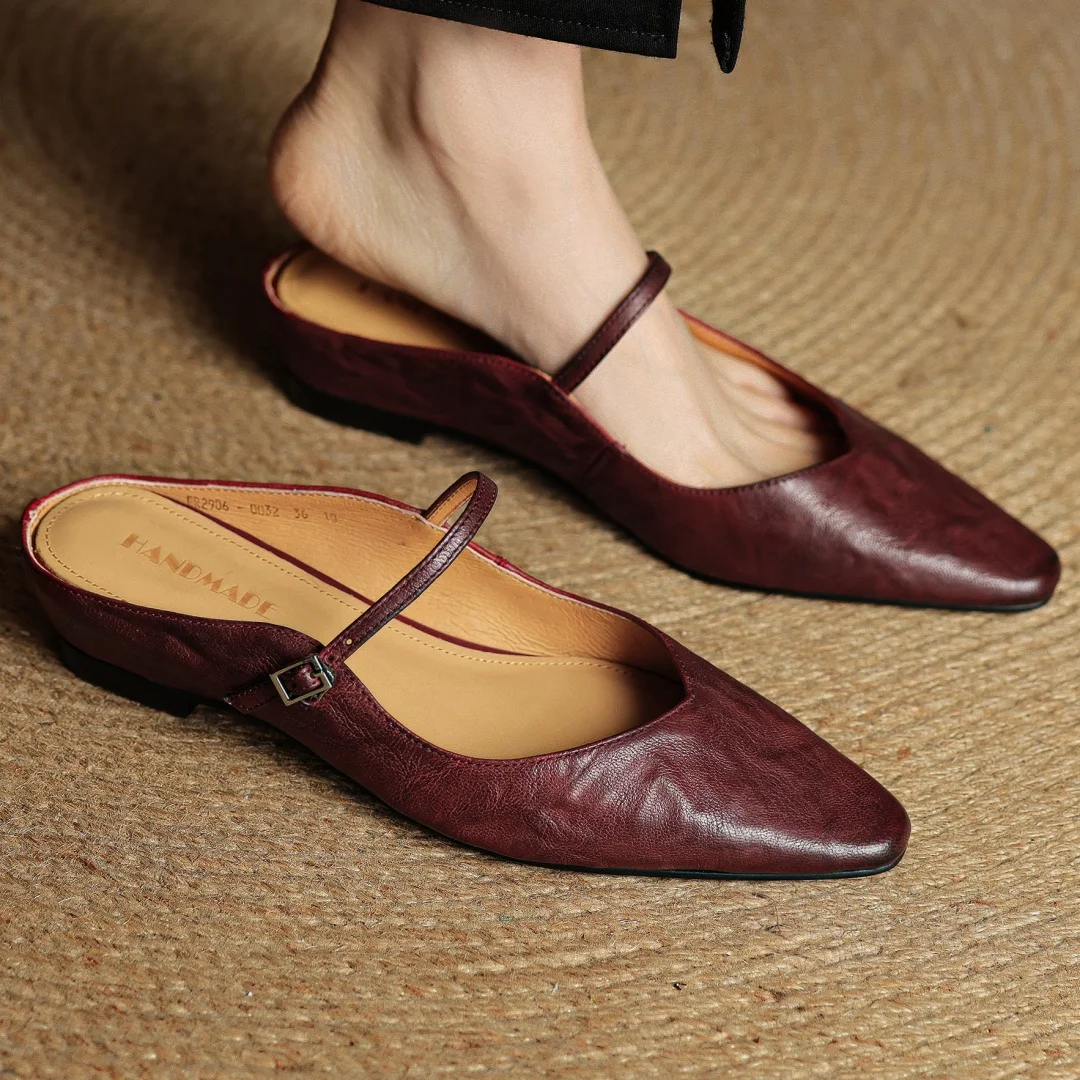 

danxuefei plus size 34-42 women's cow leather pointed toe metal buckle Mary Jane summer slides sandals casual soft mules shoes