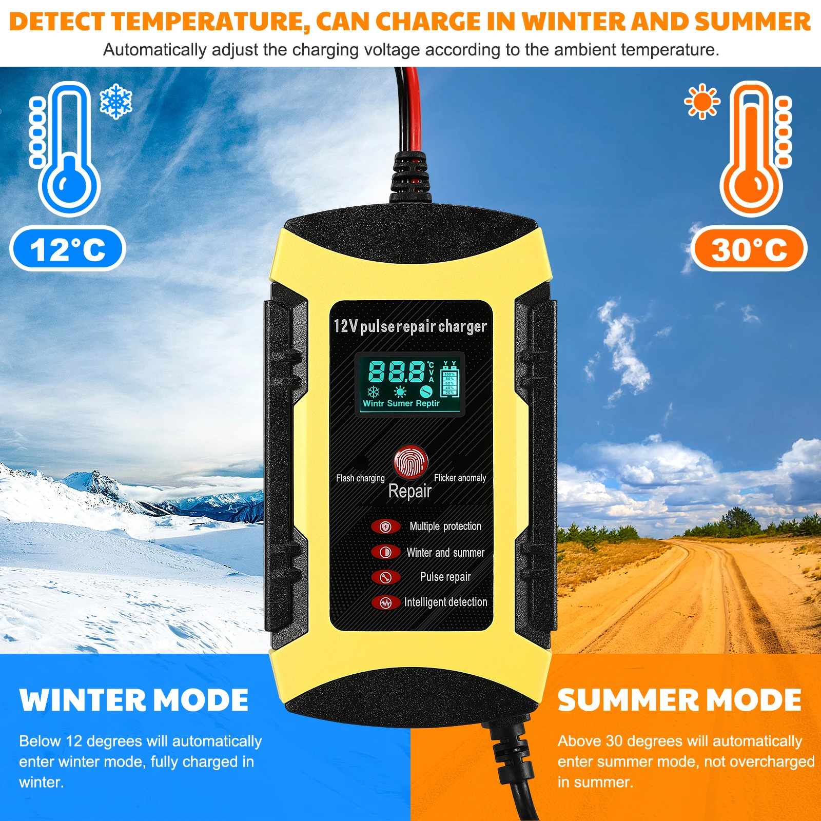 

12V 6A Car Automatic Trickle Digital Display Temperature Detection Protection Smart For