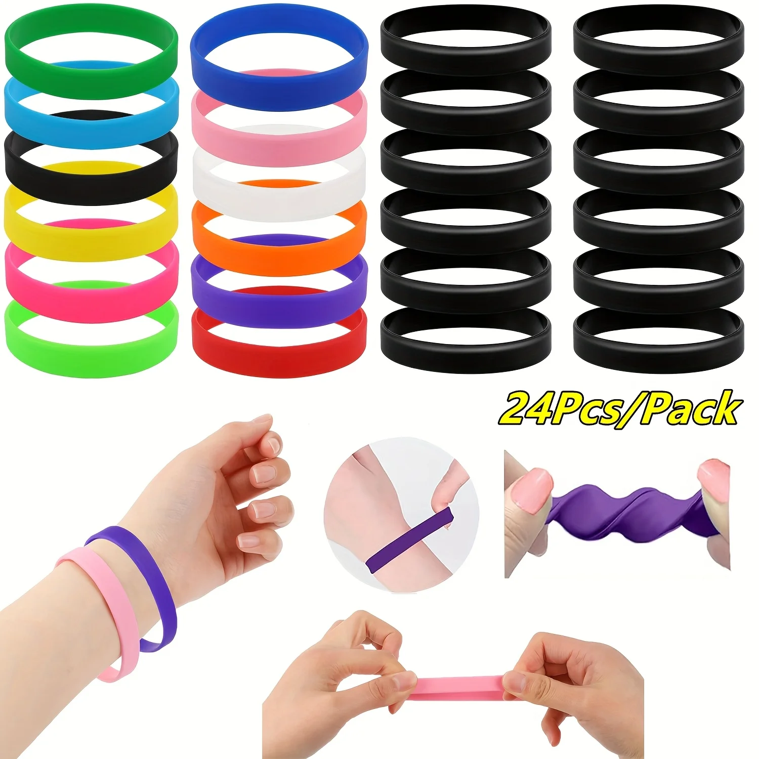 24Pcs Silicone Bracelet Colored Rubber Wristbands Stretch Wristbands for Events Sports Games Teams Party Favors for Women & Men