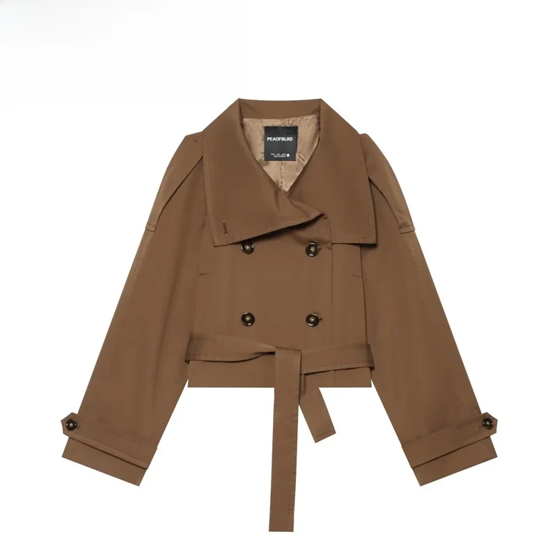 Fashionable Short Coat Jacket Women's Stand Collar Double Row Buttons Shape Outwear Polyester Fiber Long Sleeve Autumn Coat