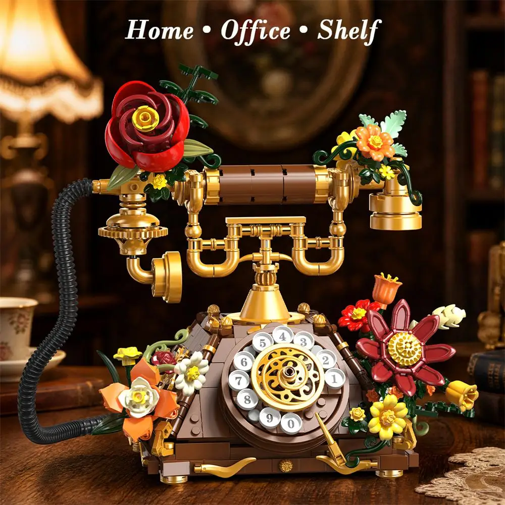 PLAXSOON Flowers Retro Telephone Clock Building Set, 2 in 1 Collectible Vintage Phone Model Building Block Kit Realistic Design, 882PCS Home Office Decor, Christmas Birthday Gift for Adults Teens Girls Boys 12+, Gift for Adults Teens Girls Boys 12+