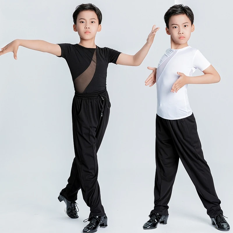 Kids Latin Dance Tops Short Sleeve Patchwork Design Boys Latin Dancing Tops+pants Performance Outfits