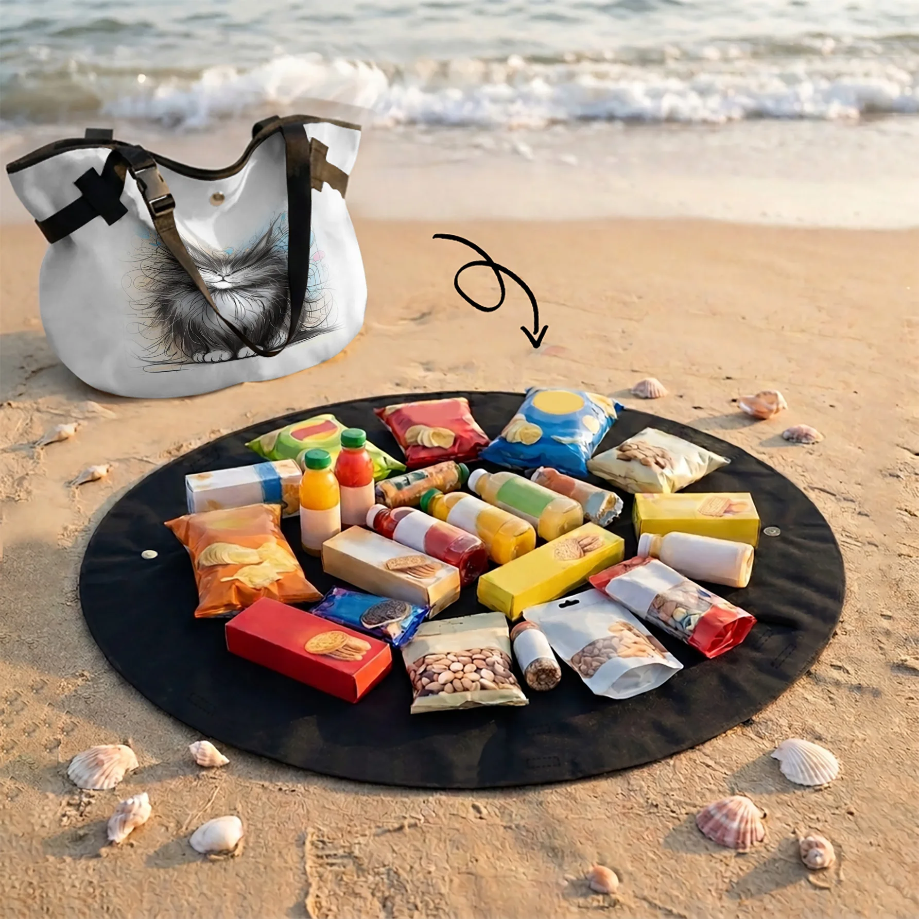 Sketch Fluffy Cat Print 2 In 1 Tote Bag & Round Picnic Mat, Waterproof Foldable Mat For Camping Beach Picnic Outdoor Travel