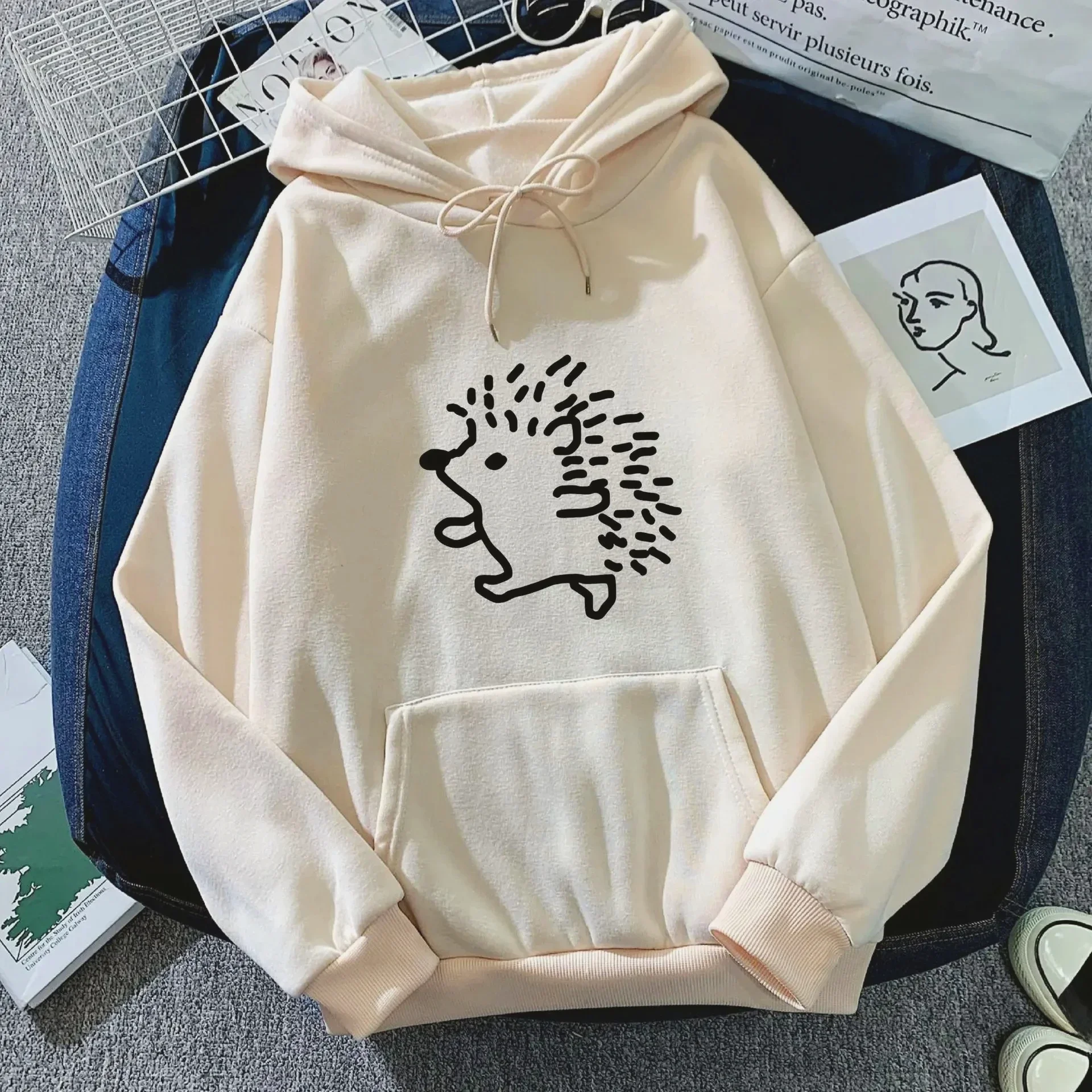 

Hedgehog Print Hoodie Sweatshirt Loose Fit Unisex Autumn Winter Trendy Lazy Streetwear Casual Fashion Female Male Couple Wear