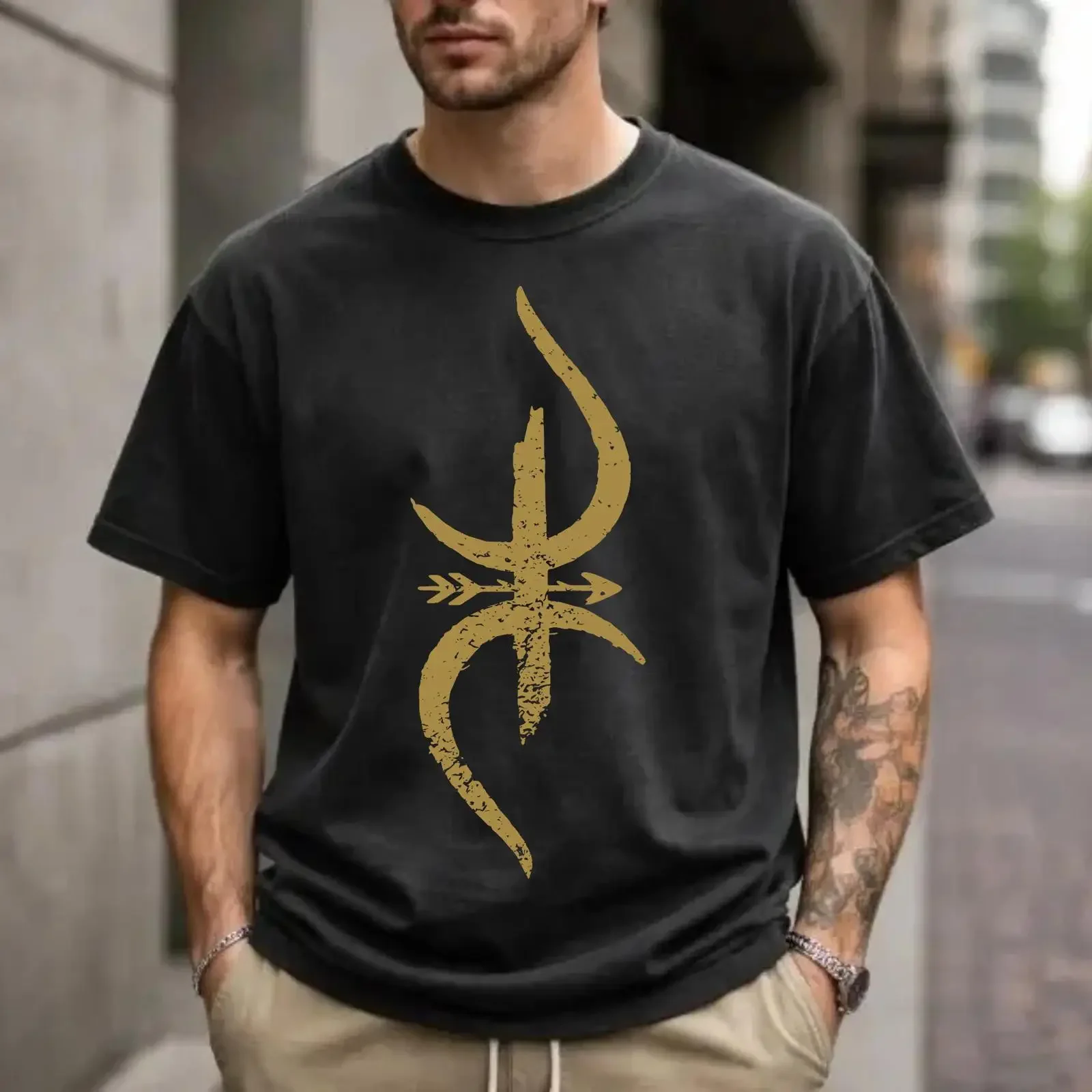 Men's Vintage Amazigh Berber Yaz Symbol Print T Shirt Ethnic Tattoo Art Casual Crew Neck  vintage Washed fashion Versatile