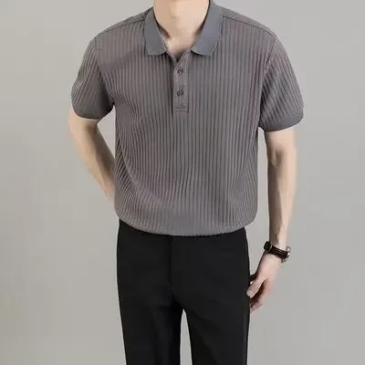 New Fashion 2025 Summer Men's Turn-down Collar Short Sleeve Solid Color T-shirts Casual Trendy Business T-shirts Male Clothes