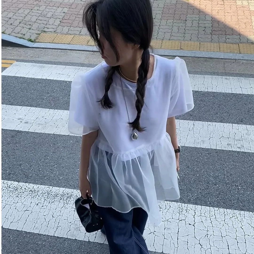 Two-Tone round Neck Mesh Cover up Top with Back Strap Loose Fit Short Sleeve Women's Shirt Versatile Style Summer Collection
